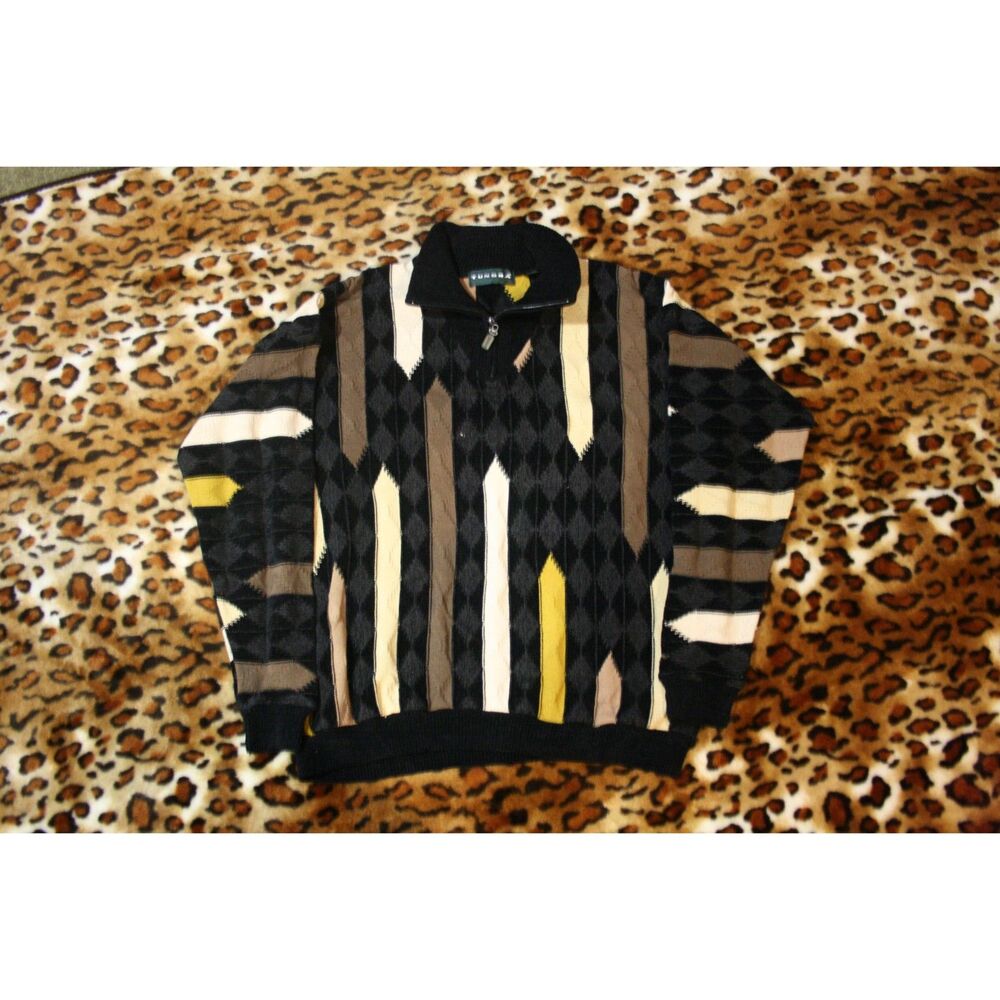 Coogi Style Tundra 3D Knit Sweater Colorful Quarter Zip Y2K Vintage Size XL